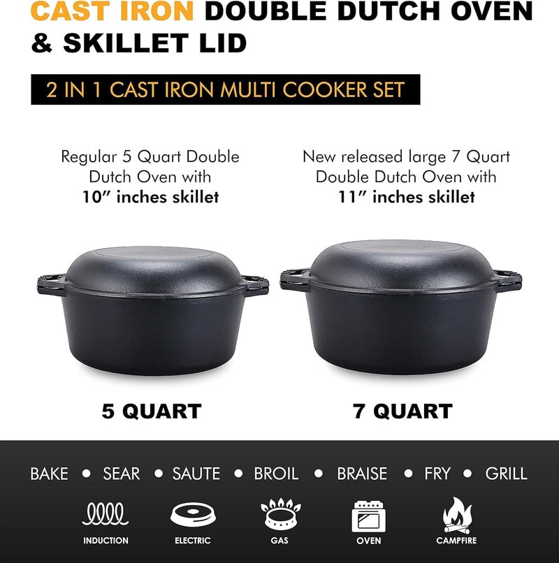 Bruntmor Pre-Seasoned Cast Iron Double Dutch Oven with Skillet Lid - 7 Quart All-in-One Casserole and Braising Pan - Heavy Duty and Oven Safe Black Cookware for Versatile Cooking - 14.7 x 6.9 Inches - Image 5